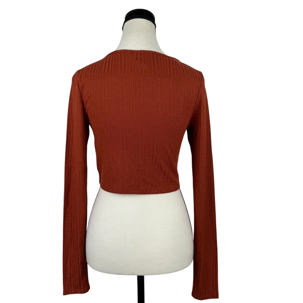 Womens Y2K Crop Top Small Orange Ribbed Fitted Minimalist Festival Cardigan NWT